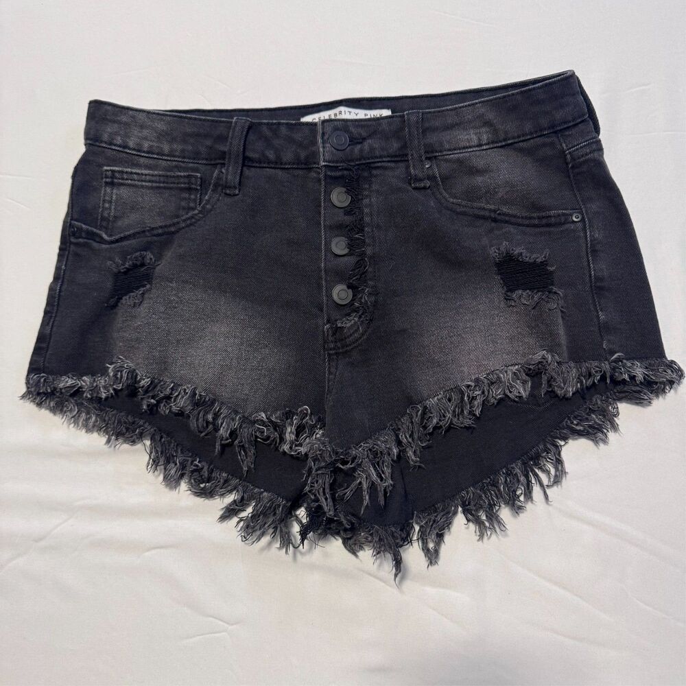 Celebrity Pink Denim Shorts Women’s Size 11/30 BLK Exposed 4 Buttons Frayed Hem